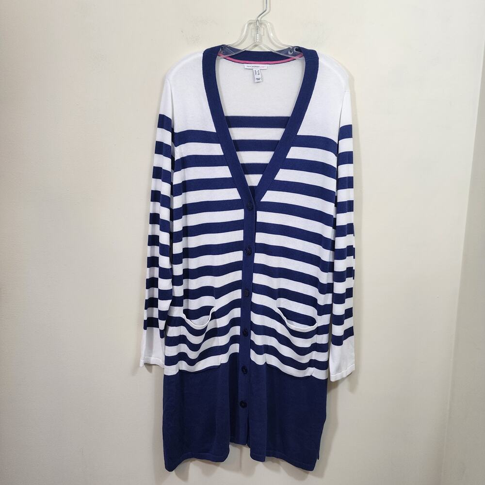 Isaac Mizrah Live striped v-neck button front long duster cardigan woman size 1X